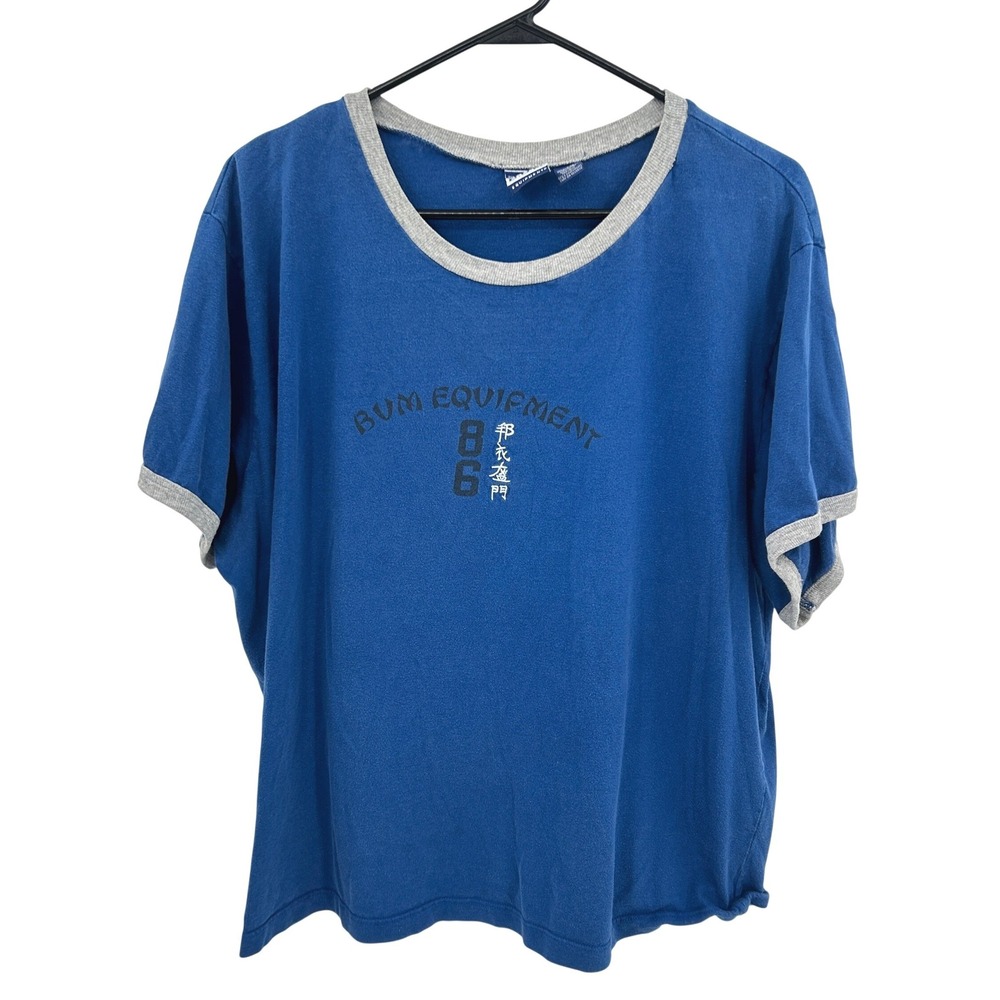 Vintage BUM Equipment Ringer Tee Japanese Text 3X Blue 90s Streetwear Sporty Y2K